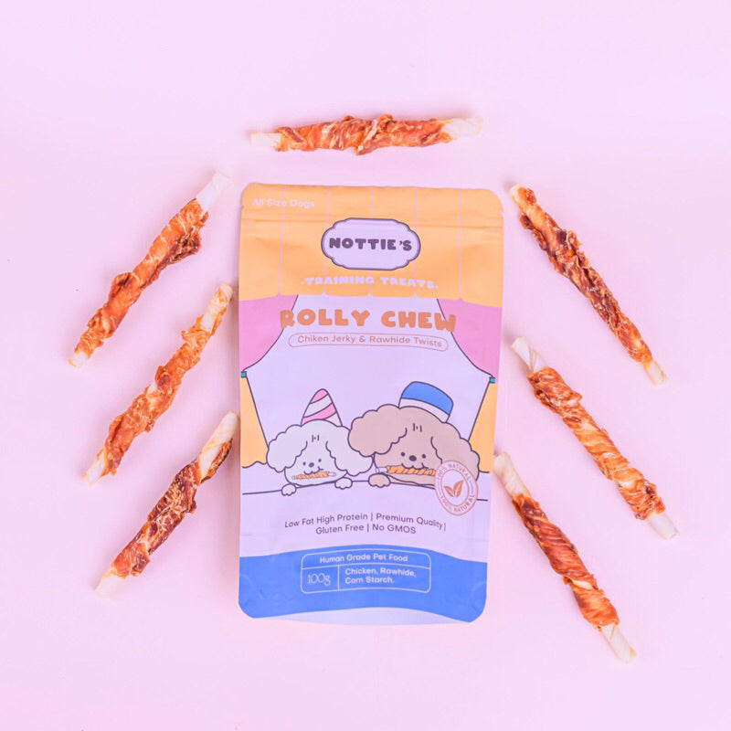 Rolly Chew Chicken Jerky and Rawhide Twist Training Dog Treats